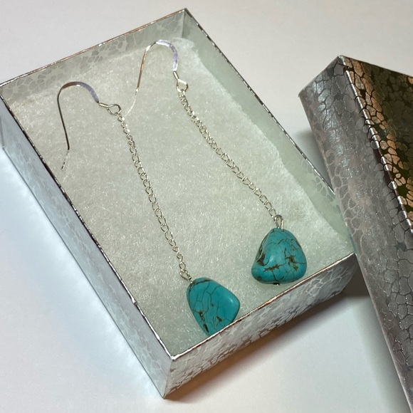 Turquoise Nugget Sterling Silver Drop Dangle Earrings - Picture 12 of 14